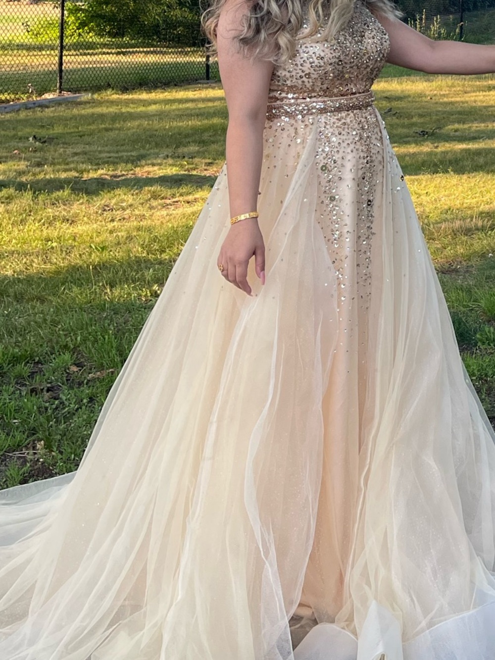 Camille La Vie Gold Sequin Tulle Maxi Evening Gown